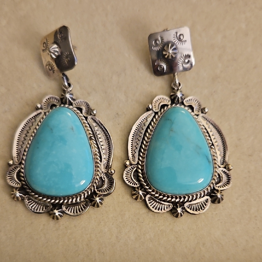 MR Calladitto Sterling silver Navajo, large turquoise earrings.
